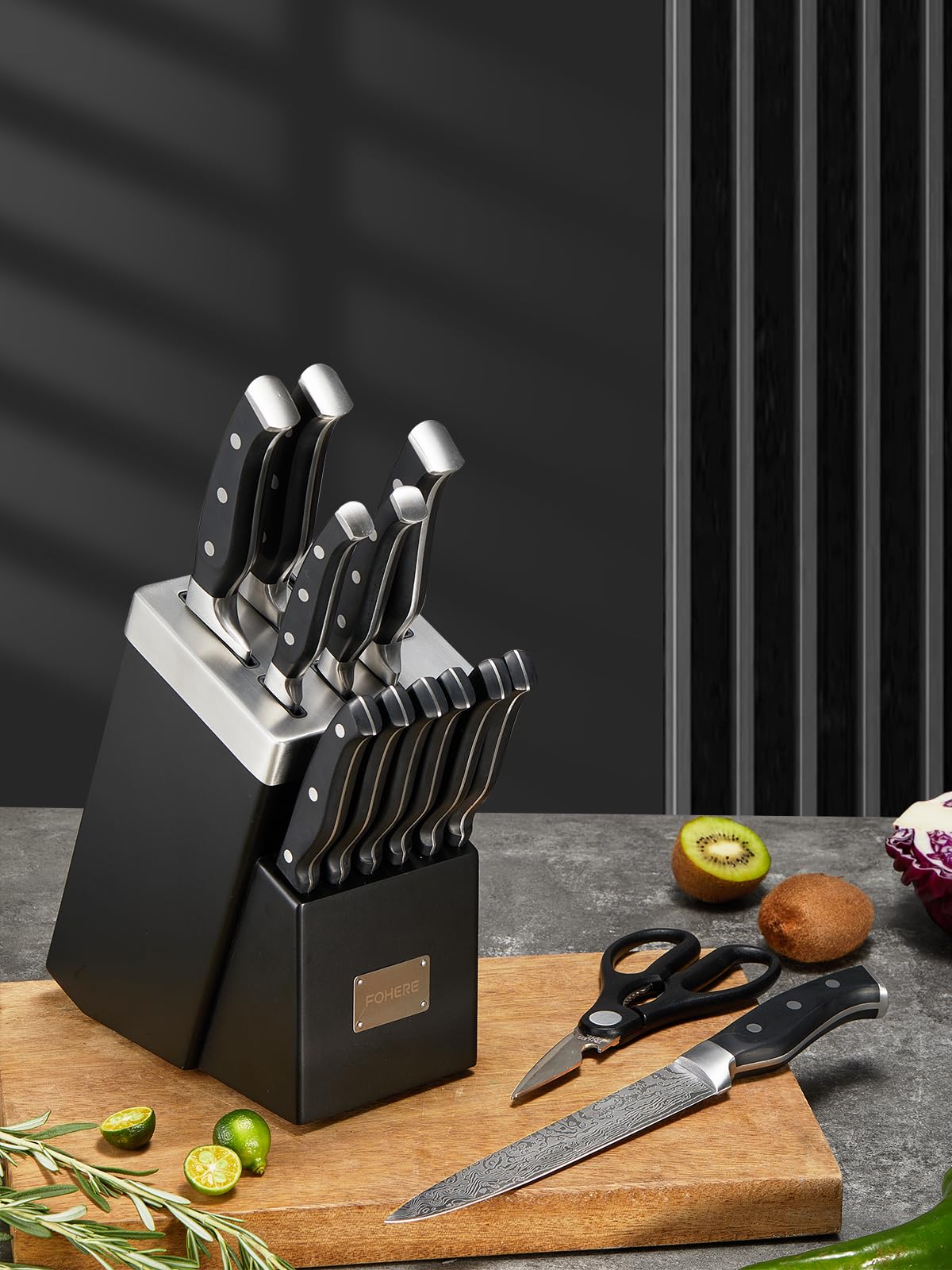 FOHERE Couteau Cuisine, 14 Pièces Bloc de Couteaux avec Affûteur Intégré, Set Couteau Cuisine en Acier Inoxydable, Bloc Noir en Bois