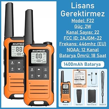 Valkyrie Baofeng Lisans Gerektirmez El Telsizi F22 | 22 Kanal | Type-C Şarjlı | 1400 mAh | 2’li Set
