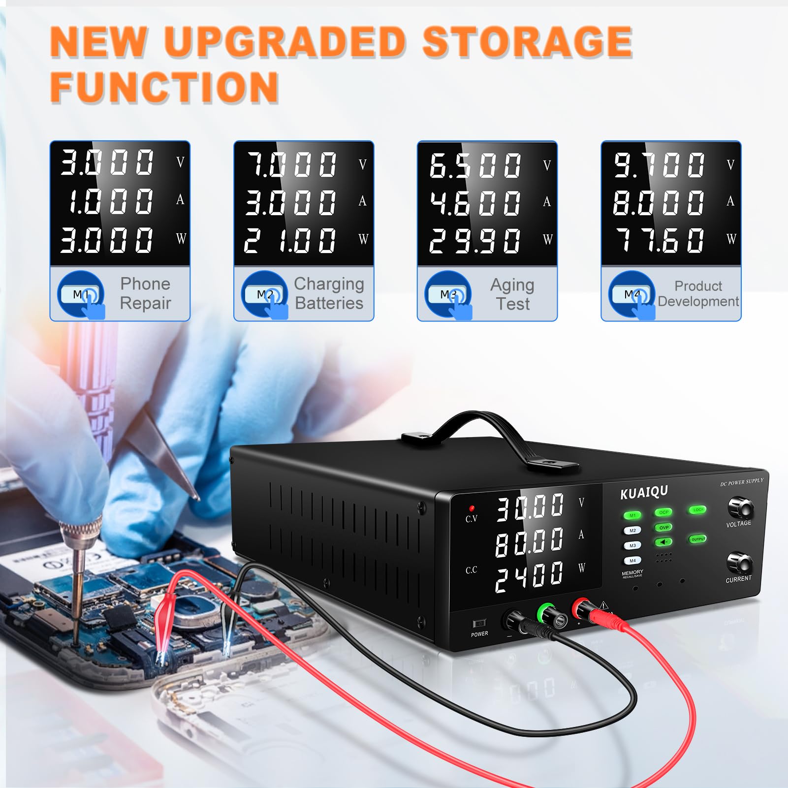 Alimentation de Laboratoire 30V 80A 2400W Haute Puissance Alimentation Stabilisée Réglable avec Mémoire/OCP/OVP/Output/Encodeur d'alimentation Laboratoire pour Laboratoire/Test de Batteries