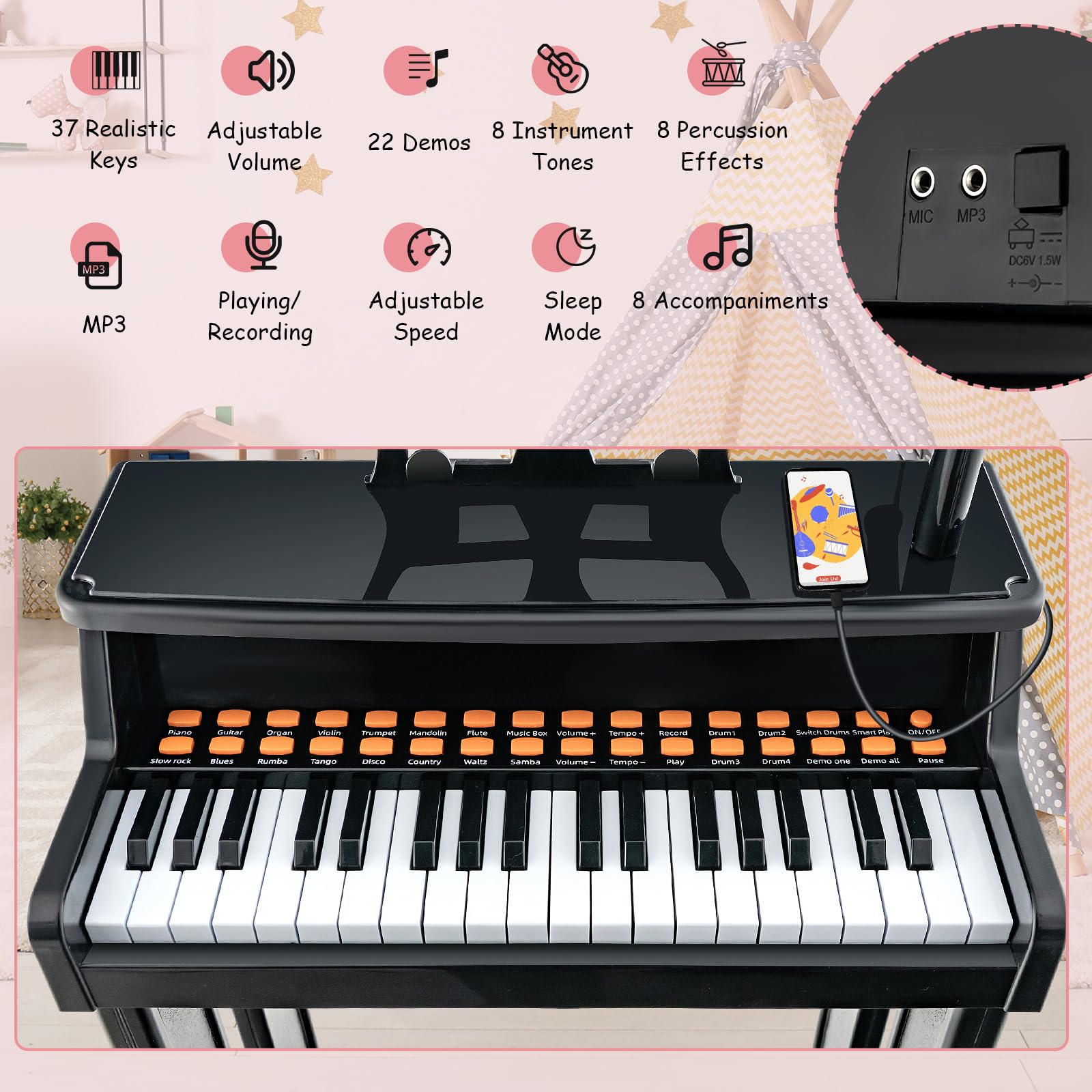 Piano Électronique Pour Enfants 37 Touches - Avec Microphone, Lumières, 8 Rythmes - Âge 18 Mois Et Plus - Rose Ou Bleu