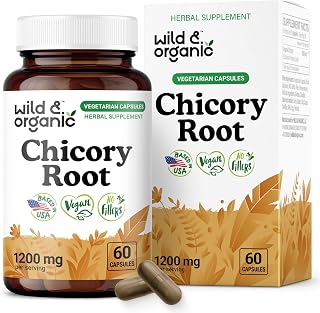 Wild & Organic Chicory Root Capsules - 1200 mg of Chicory Root Powder per Serving - Digestive & Gut Support - Prebiotic Inulin Supplement - Non-GMO, Vegan Inulin Capsules - 60 Count