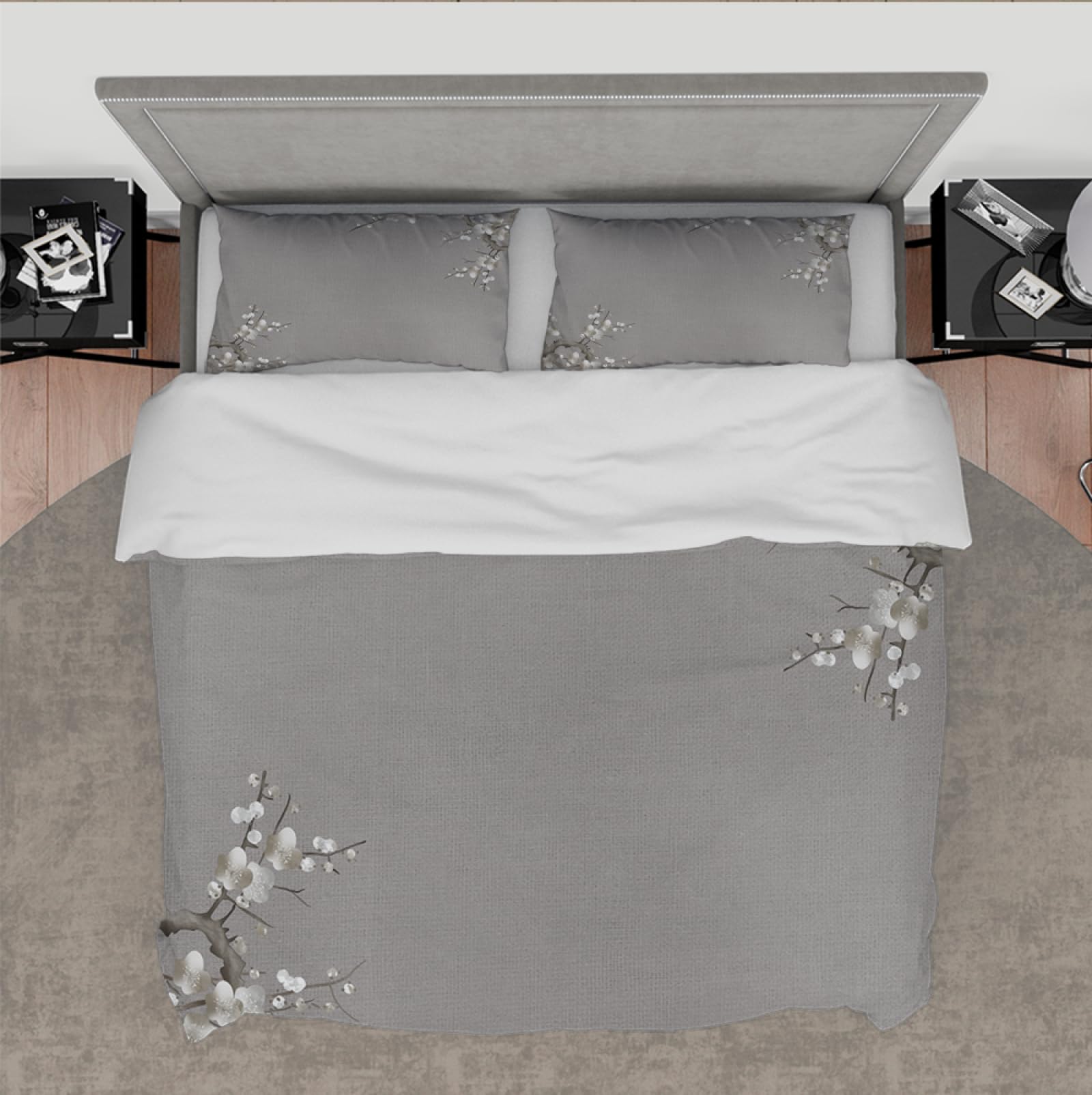 Housse de couette ginkgo jaune et gris 210x210 cm avec 2 taies d'oreiller