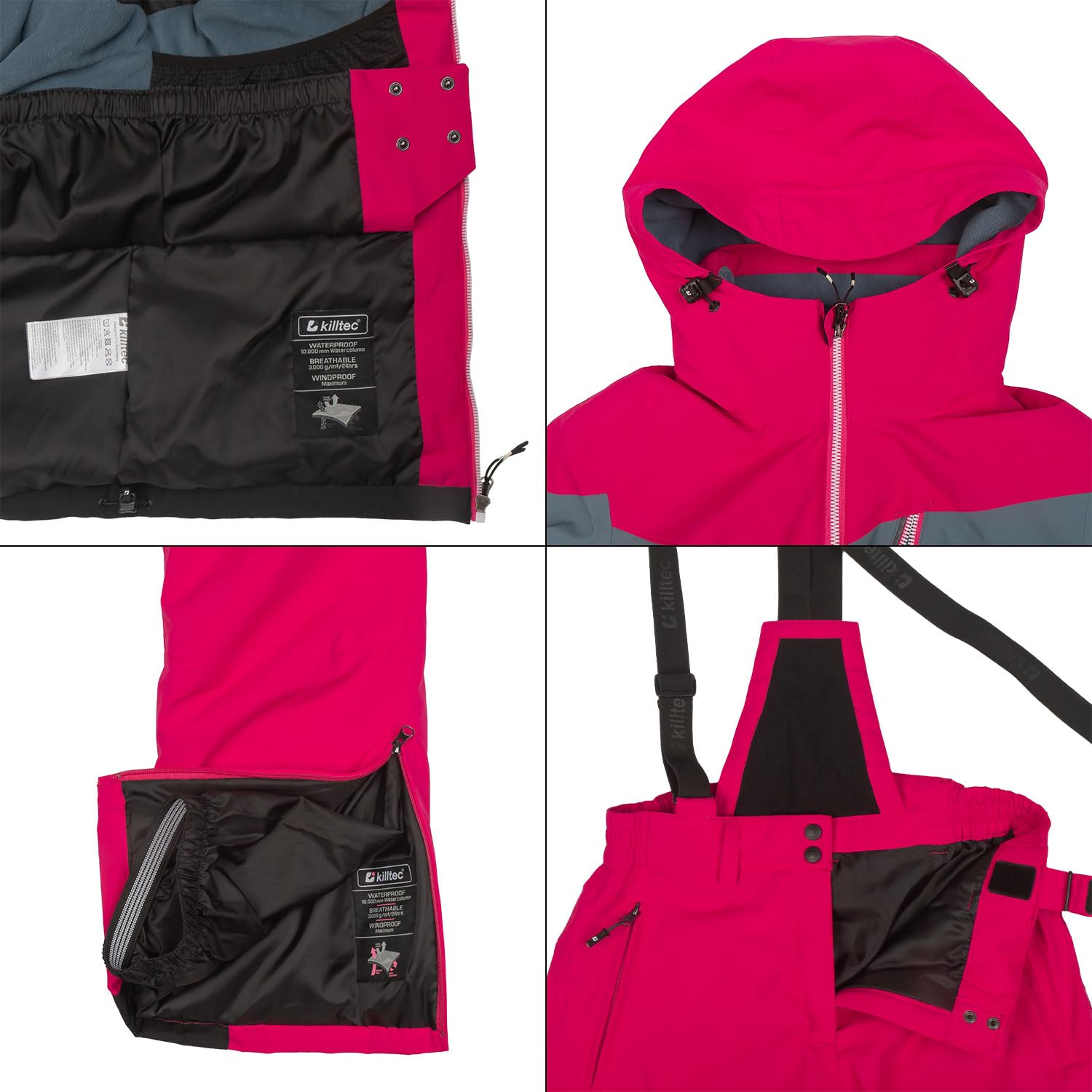 Killtec Damen Skianzug - Skijacke schwarz grau satt pink und Skihose satt pink - mit 10000mm Wassersäule - wasserdicht, atmungsaktiv