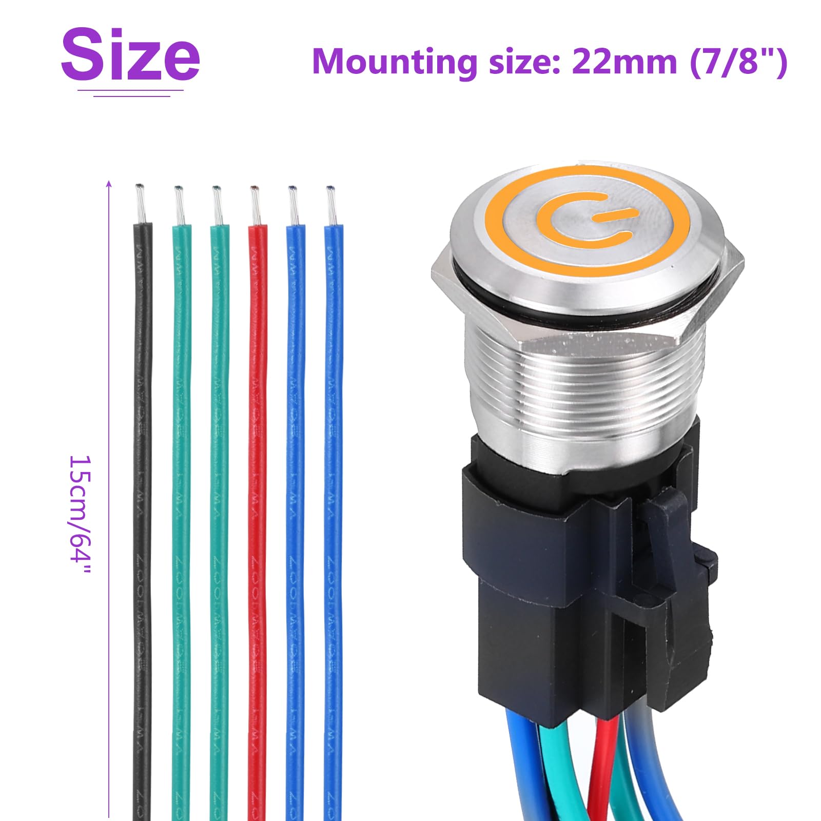 DMiotech 7/8 Inch Stainless Steel Momentary Push Button Switch Flat Head 15A 12-24V Silver Shell 6 Pin with Cable Socket Yellow Ring LED 1NO1NC for Car Boat Systems Custom Setups - Image 4