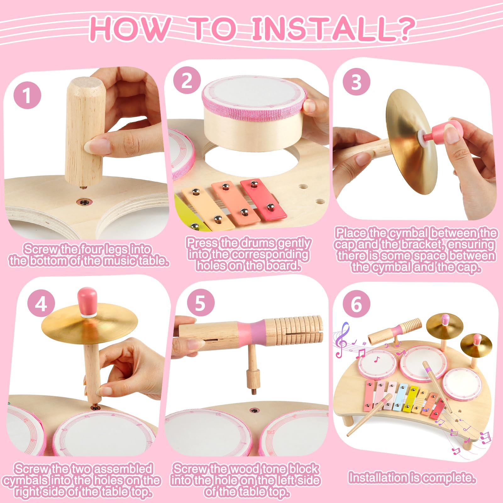 Montessori, set di tamburi in legno, strumenti musicali per bambini, set di batterie in legno con xilofono, giocattolo musicale per bambini in età prescolare, regalo di compleanno educativo per