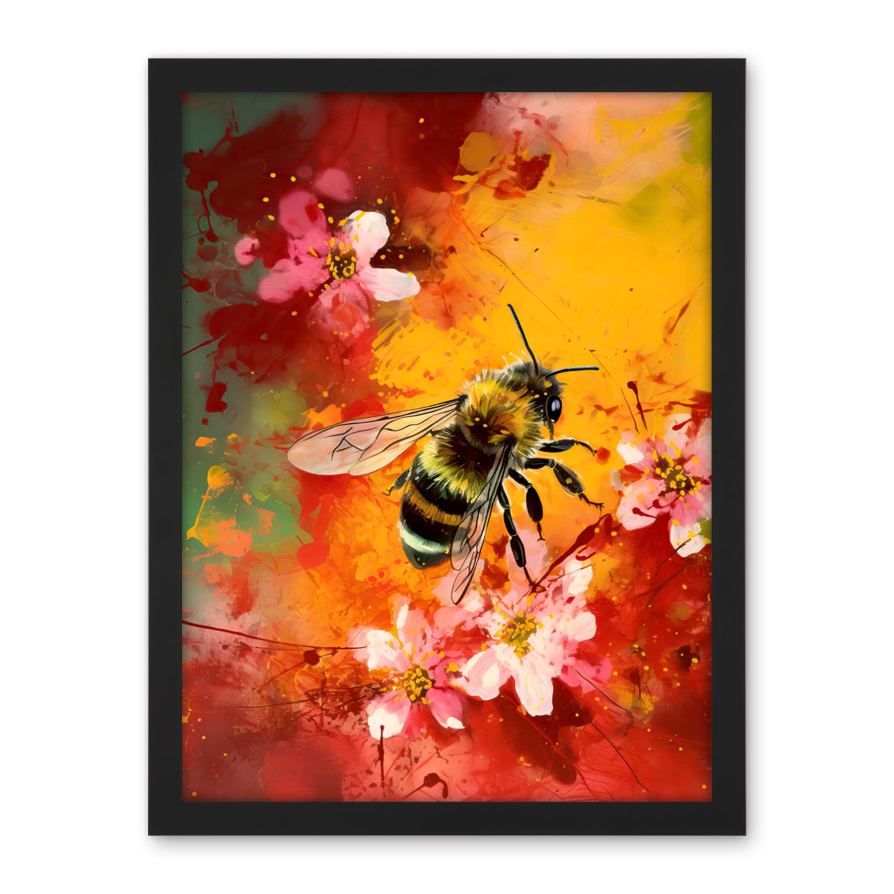Artery8 Honey Bee on Abstract Flower Bed Oil Painting Artwork Framed Wall Art Print 18X24 Inch
