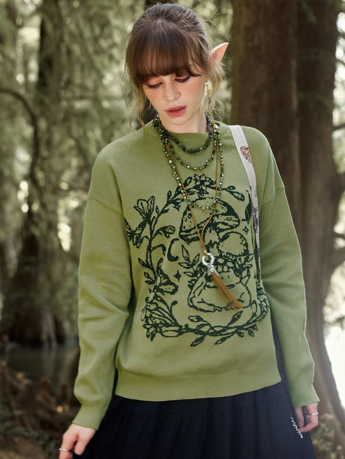 Women's Sweater Frog & Mushroom Pattern Drop Shoulder Sweater Sweater for Women (Color : Olive Green, Size : Medium)