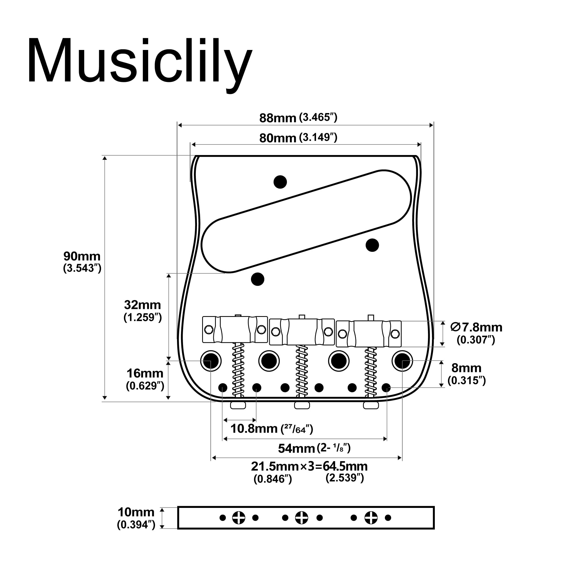 Musiclily Ultra Left-Handed 54mm(2-1/8 inch) String Spacing Full Solid Brass Plate with Compensated 3-Saddle Curved Tele Style Guitar Bridge - Image 2