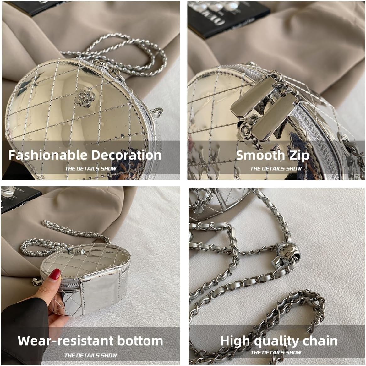 Women’s Small Crossbody Bag with Fashion Chain Purse for Summer, Mini Glossy Silver Shoulder Bag-PU Coin Wallet Purse