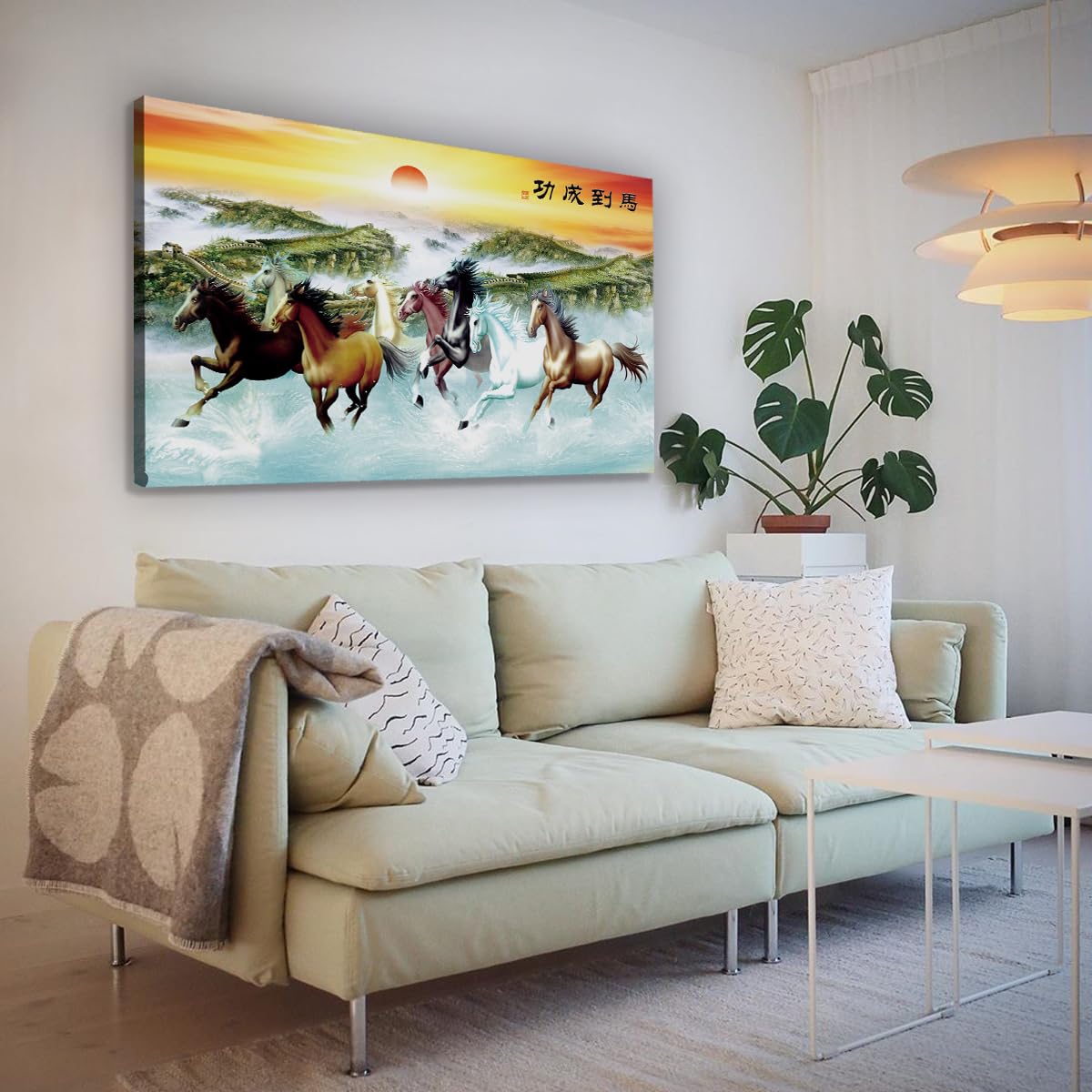 CHERHERART 8 Galopowe konie obraz ścienny na płótnie wielki mur chiński obraz na płótnie wydruki do domu jadalnia biuro salon 55x100cm rama wewnętrzna