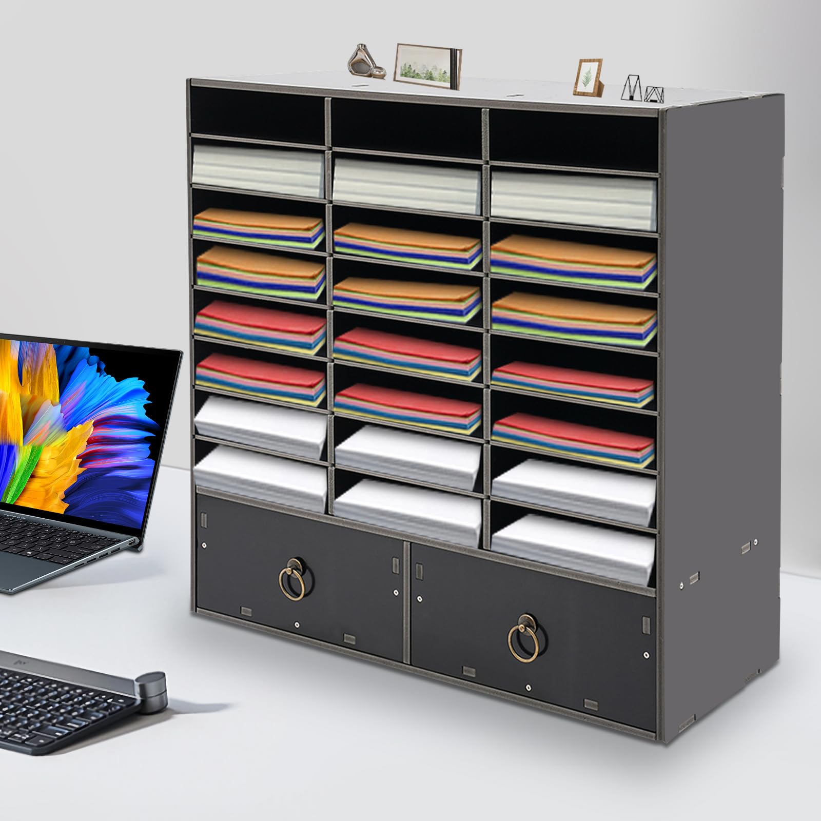 24 scomparti, organizer da scrivania con 2 cassetti, in carta nera e organizzatore postale, per uffici, soggiorno, studio, 71,5 x 30 x 70 cm