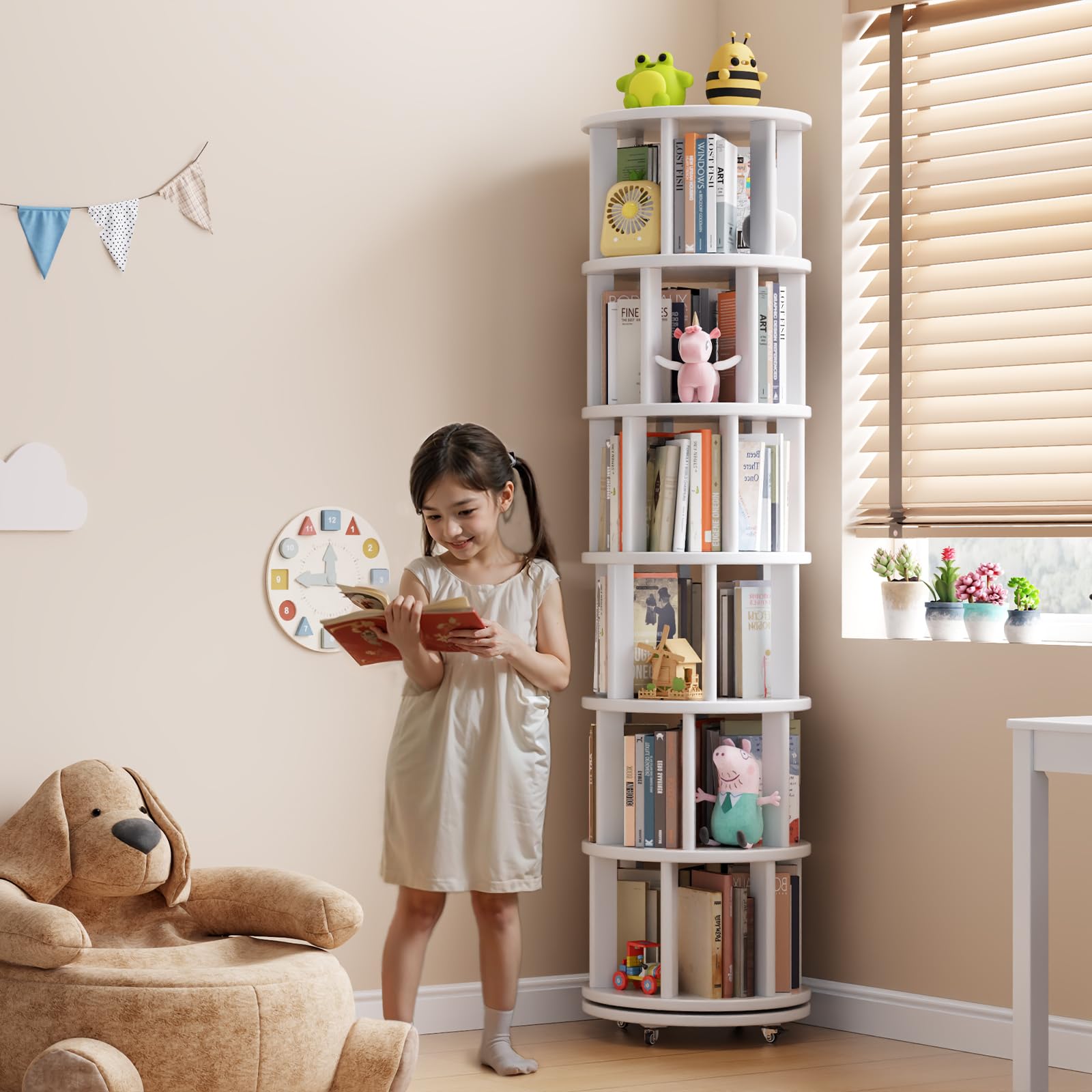 YQJJGL Drehbares Bücherregal, Massivholz, Standregal, 360 Grad, Bücherregal Kinder, für Wohnzimmer, Arbeitszimmer, Büro, 6 Ebenen (Weiß)