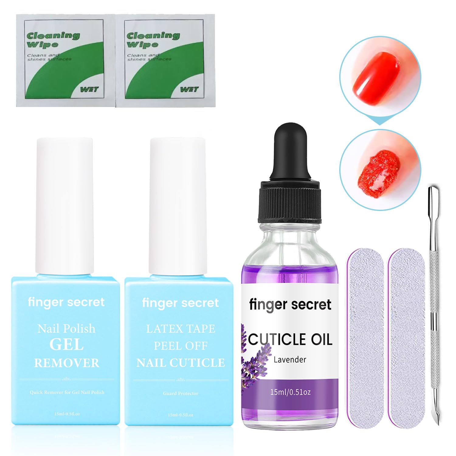 Finger Secret Nail Polish Gel Remover Kit- Professional Manicure Essential. Includes Latex Tape, Nail Cuticle Oil (Lavender), Nail Remover. 15ml/0.5floz.Ideal For Home Use and Salon.