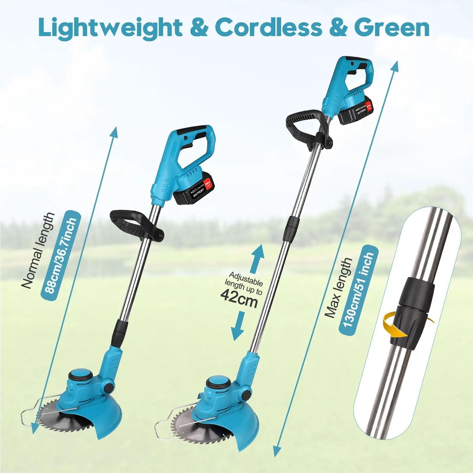 Cortacésped eléctrico de 24 V de mano, inalámbrico, cortador de césped de longitud ajustable, herramienta de jardín para el hogar (sin batería, AU) (2 baterías UK)