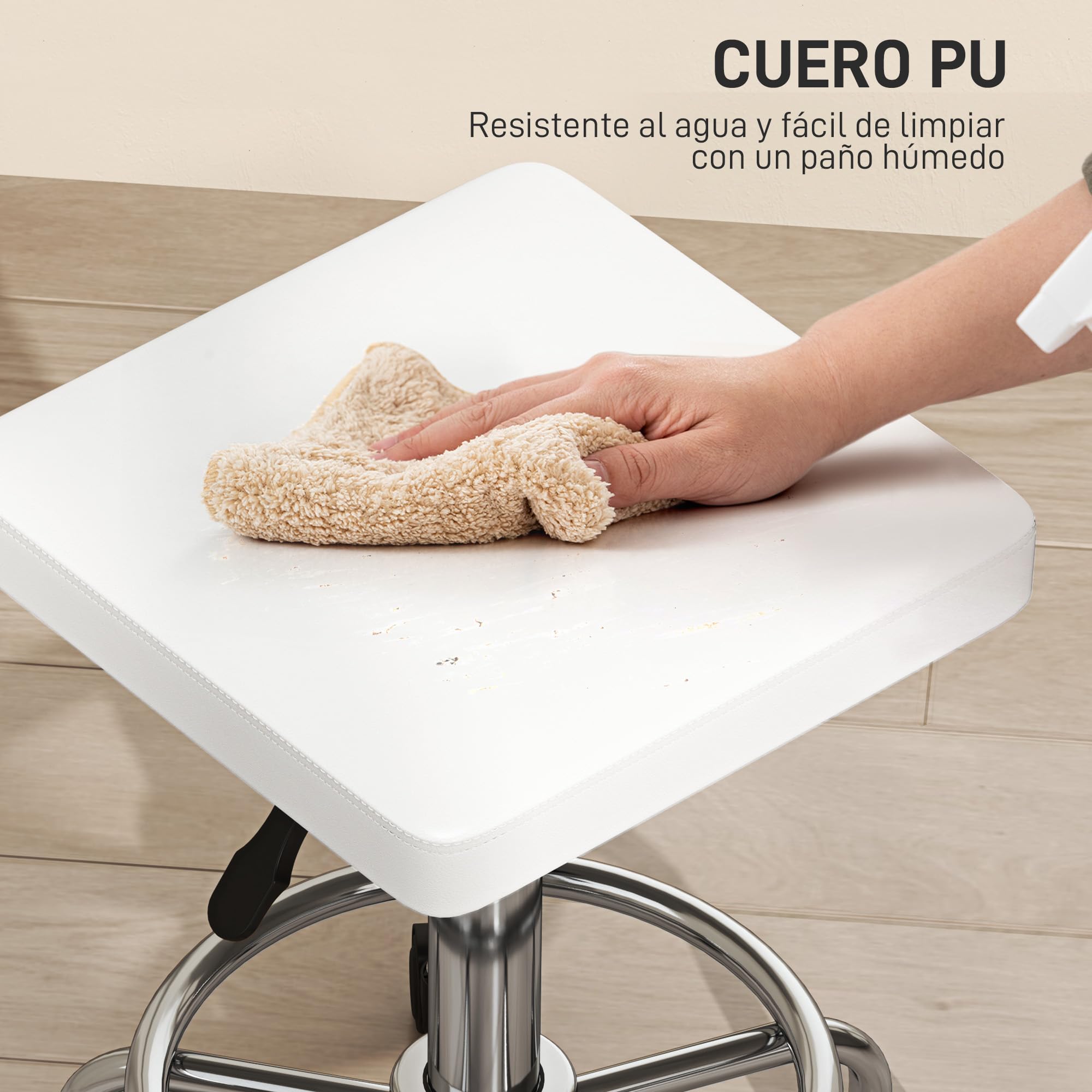 HOMCOM Taburete Giratorio Taburete con Ruedas Altura Regulable 50-66 cm Asiento Tapizado de Cuero Sintético Reposapiés para Salones y Talleres Blanco