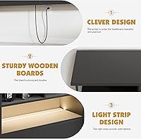 Vista 4 de Cabecera tamaño King solo para dormitorio, elegante cabecero de estantería King con estación de carga integrada y 2 luces LED, cabecera de madera