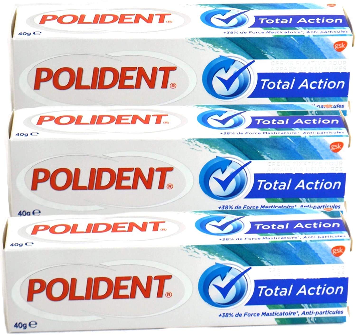 Polident - GSK Total Action - Crème adhésive pour prothèses dentaires - - Lot de 3 tubes de 40 Grammes