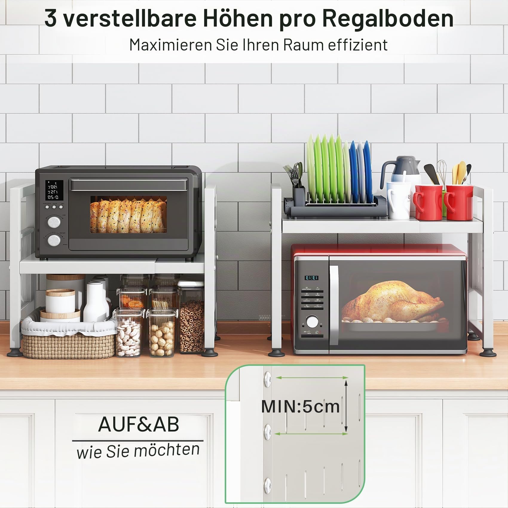 SAYZH Mikrowellen Regal, 2-stufiges Erweiterbares mikrowelle Regal Mikrowellenregal Organizer Küche mit 10 Haken, Flexibel Ausziehbar von 40-70cm, Stufiges Küchenregal mikrowellenständer, Weiß