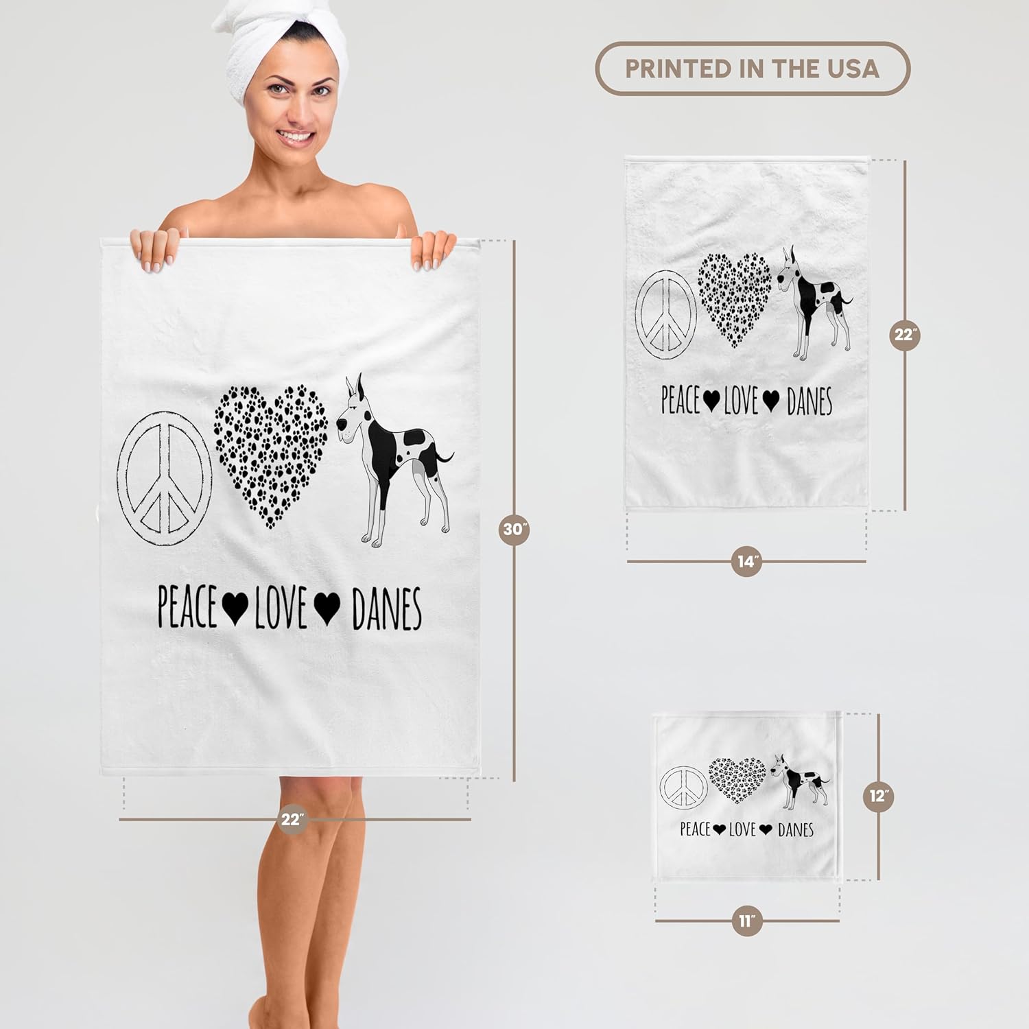 3dRose Peace Love Danes with Peace Sign, paw Heart, and Great dane Clip Art. 22x30 Bath Hand Pool Towel