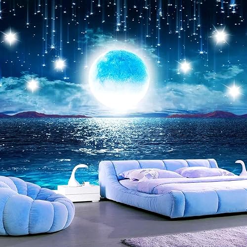 Miniatura 5 de Tapiz grande para colgar en la pared, diseño de cielo estrellado, océano, luna y estrellas, para el hogar, galaxia cósmica 3D, decoración de