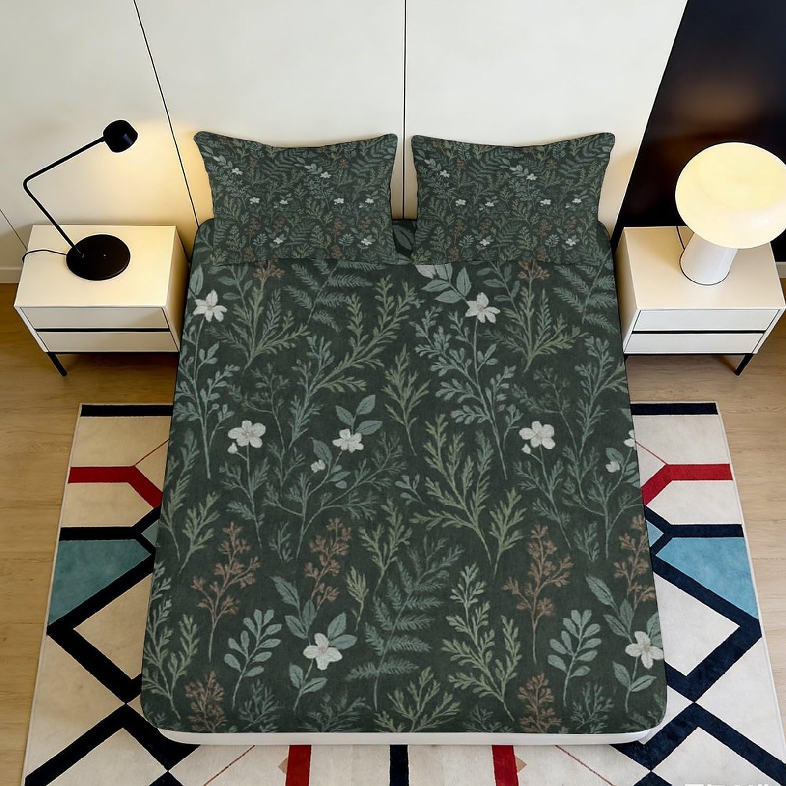 3D Printed Botanical Forest Fitted Sheet Microfiber Soft Green Floral Mattress Cover for Bedroom Dorm Decor 90x200x25cm
