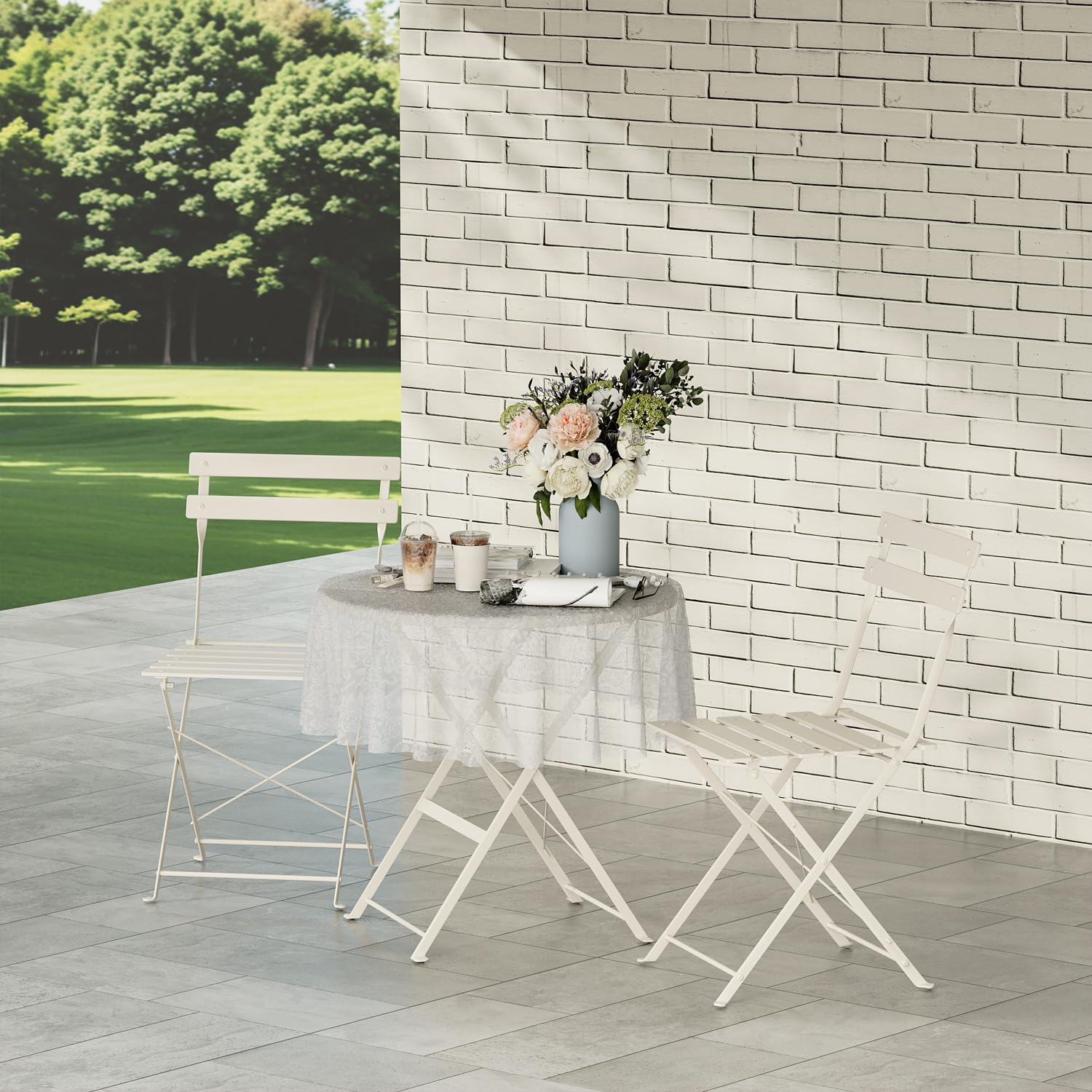 DEWINNER Conjunto de Mesa y sillas, Plegable, Conjunto de Mesa y sillas de jardín de Tres Piezas, 1 Mesa y 2 sillas, con Mantel Impermeable, Conjunto de Muebles de balcón