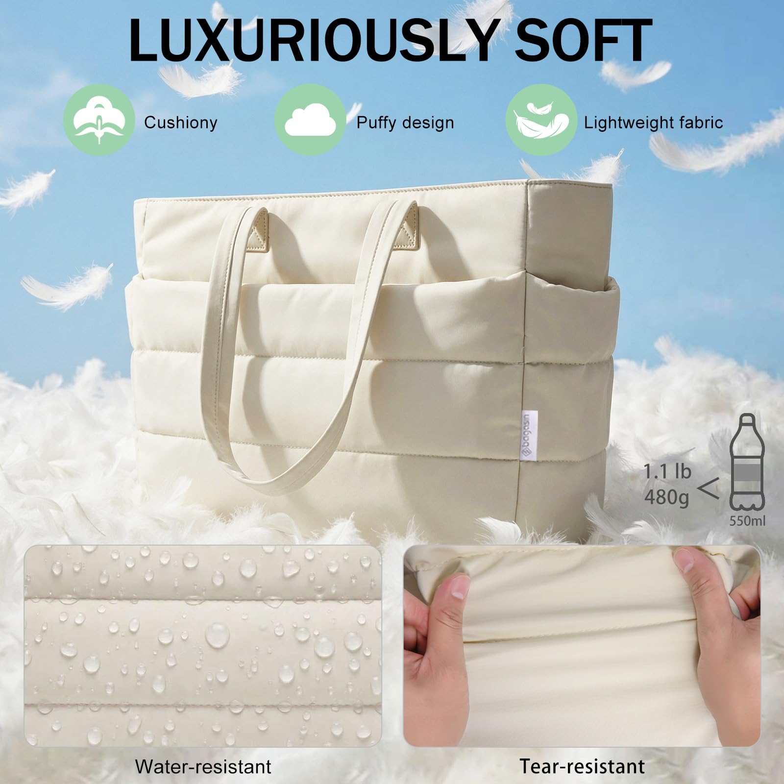 bagasin Borsa Tote a Mano da Donna, Borsa a Tracolla da Viaggio a Grande Capacità per Laptop da Lavoro, con Scomparto, Multi-Tasca, Leggera, per Lavoro, Viaggi, Fitness, Nero & Beige