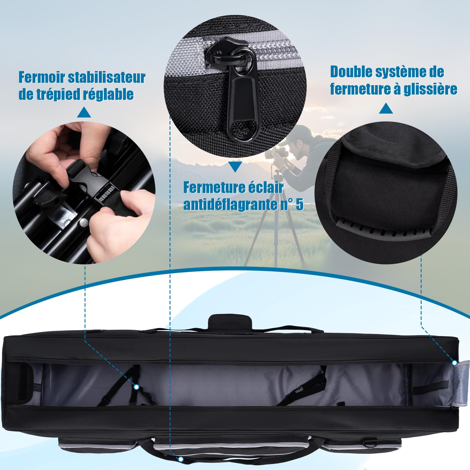 OUUTMEE 103CM Sac de Transport pour Trépied avec Bandoulière et Poignée, Étui pour Trépieds avec Séparateurs Amovibles, Housse pour Trépieds, Monopods et Accessoires (Noir)