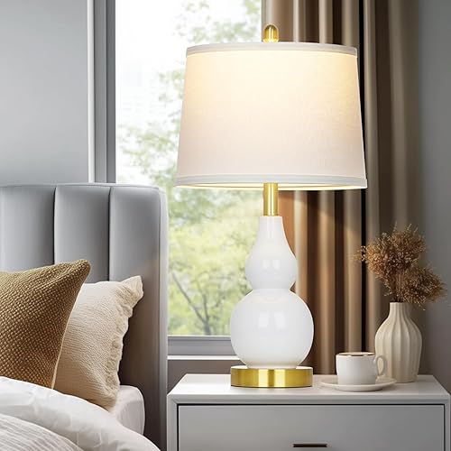 Miniatura 8 de Juego de 2 lámparas de mesa de cerámica de 25 pulgadas, modernas lámparas de mesa de cerámica de doble calabaza para sala de estar, lámparas