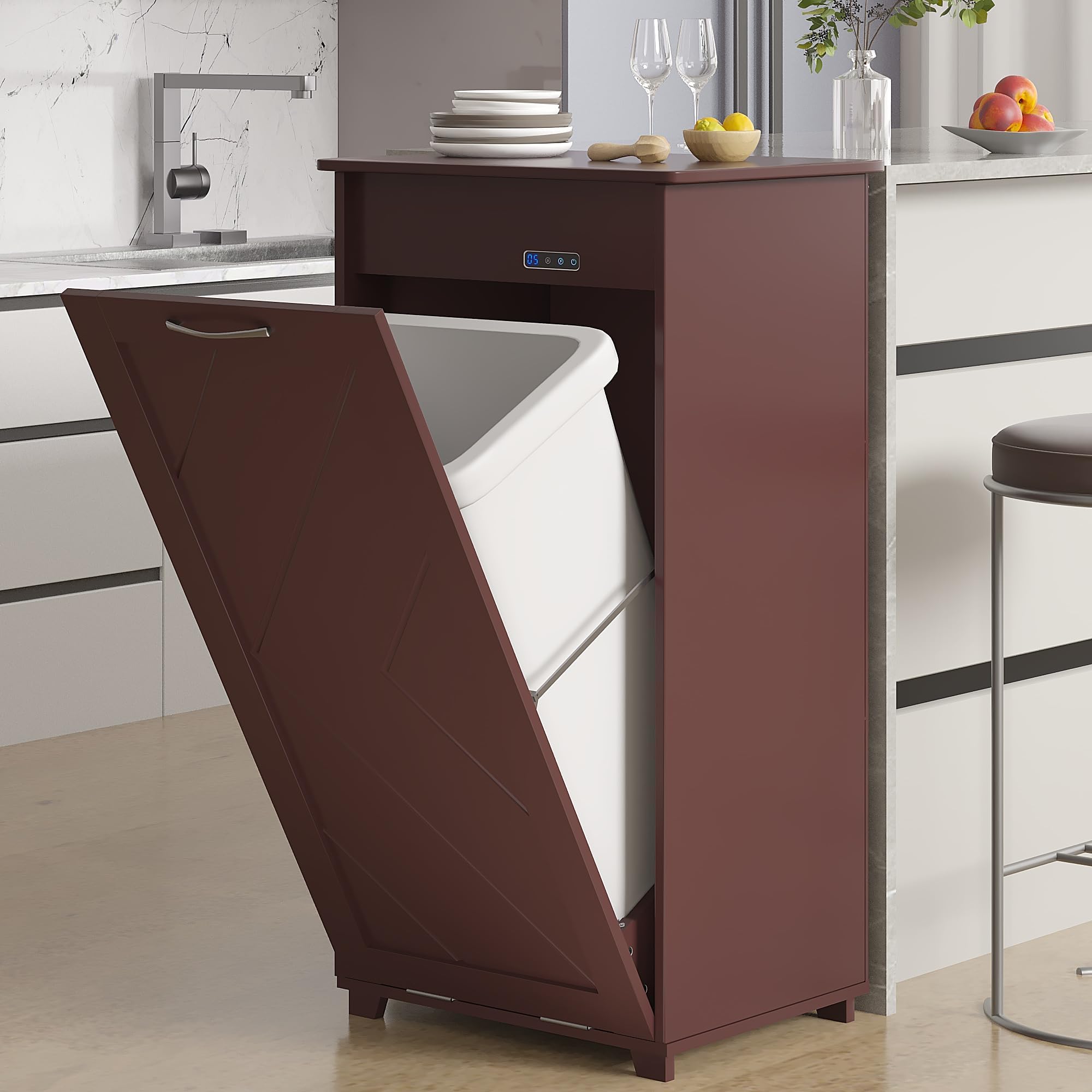 VECELO Tilt Out Kitchen Trash Bin Cabinet, Dog Proof Garbage Can with Wood Holder Free Standing Recycling, Brown