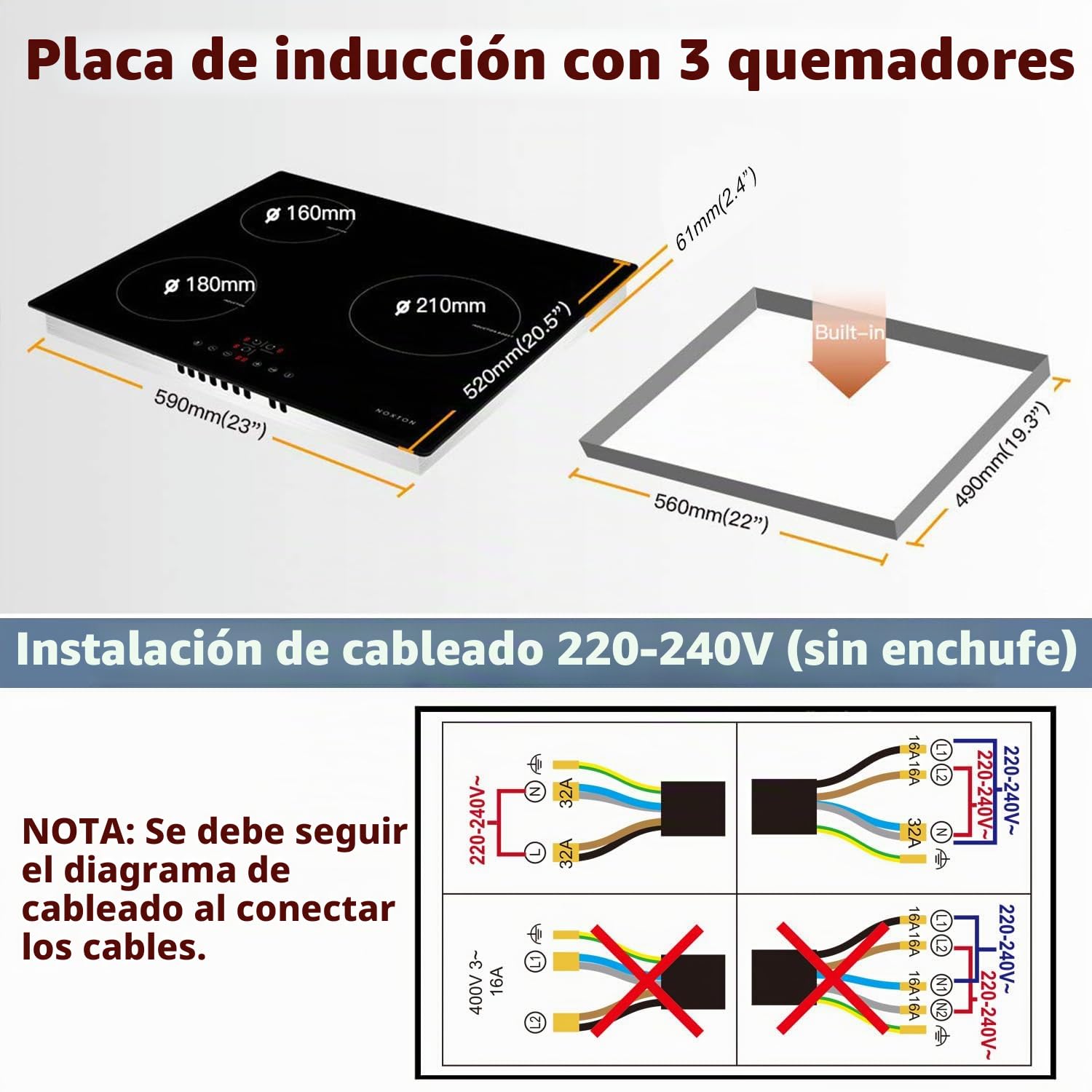 NOXTON Placa de induccion 3 fuegos, Integrada (60 cm), Función boost, 9 Potencias nominales, Temporizador, Control táctil, 220V ~ 240V, 5500 W, Sin enchufe.