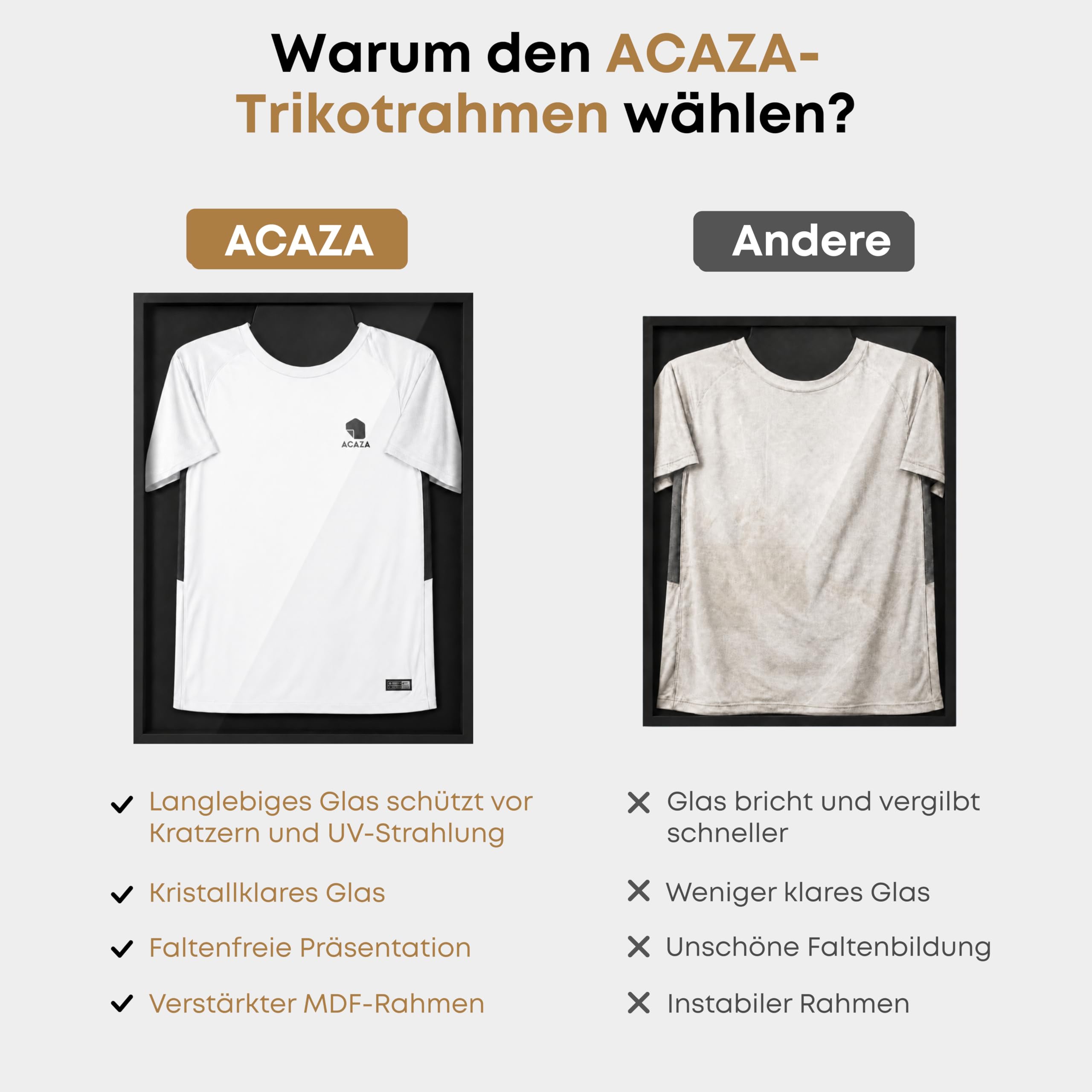 ACAZA Trikotrahmen 70 x 90cm XL Groß, 3D Bilderrahmen tief zum befüllen mit Fußball-, Eishockey-, Rugby-, NBA-trikot, mit Aufhänger, Holz und Acrylglas, Schwarz