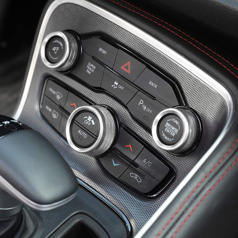 JeCar Audio Air Conditioning Button Trim Cover Aluminum Alloy AC Control Knob Cover Compatible with Dodge Challenger/Charger 2015-2022 & Ram 2012-2017, Silver