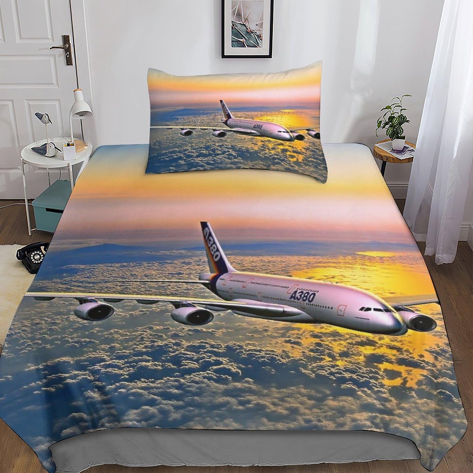 Dafufbw Boys A380 Airliner Kids & Adults Duvet Cover Single（135X200cm）, 3D Pattern Airbusses Bedding Set Hypoallergenic Quilt Cover With Hidden Zipper, Breathable
