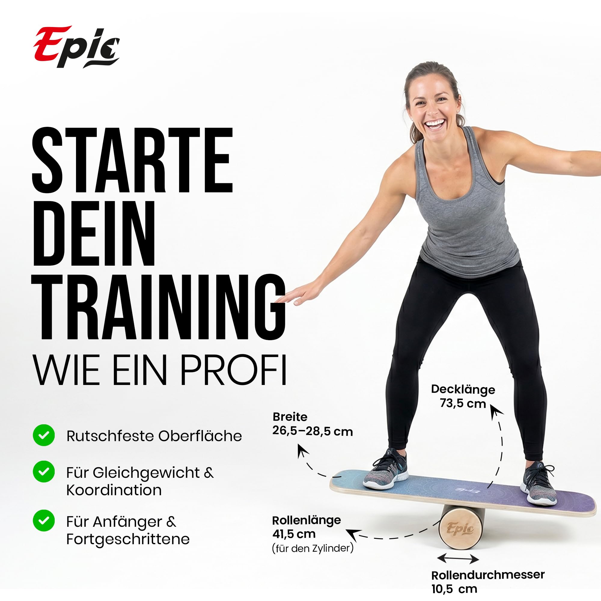 Balance Board mit Rolle – Balance-Trainer aus Holz für Fitness, Tennis, Leichtathletik sowie Surf- & Snowboard-Training; ideal für alle ab 9 Jahren, belastbar bis 150 kg.