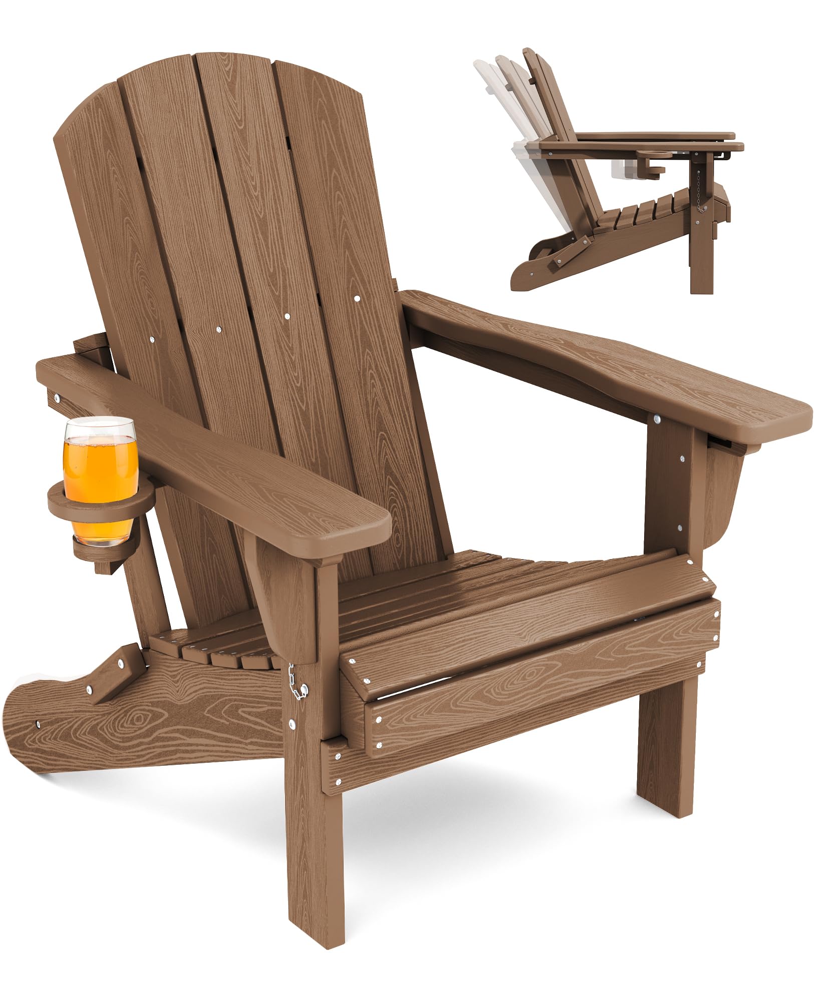SERWALL Folding Adirondack Chair, Reclining Adirondack Chair with Cup Holder, Adjustable Adirondack Chair with 3 Recline Positions, All Weather Resistant Outdoor Adirondack, Brown