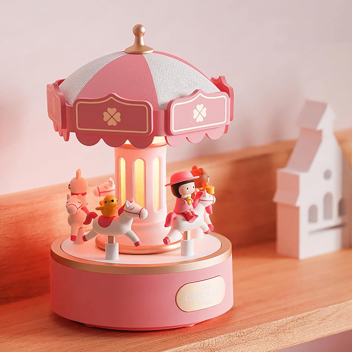 Cute Carousel Night Light with Bluetooth Speaker, Dimmable Warm Light, Exquisite Decorative Rechargeable Desk Lamp, Gift for Girls and Kids (Pink-BT Speaker)