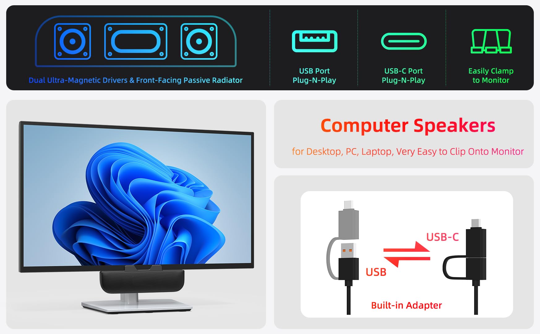Altoparlanti per computer per PC desktop, altoparlanti monitor, plug-in USB, cablati, altoparlante esterno per laptop, soundbar per PC di piccole dimensioni, con suono forte, bassi profondi