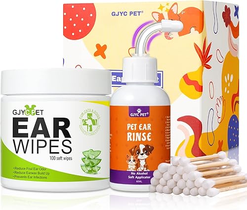 Kit de limpiador de oídos para perros, 1 toallitas para orejas de perro y 1 enjuague de orejas de perro + hisopos de algodón, toallitas para oídos