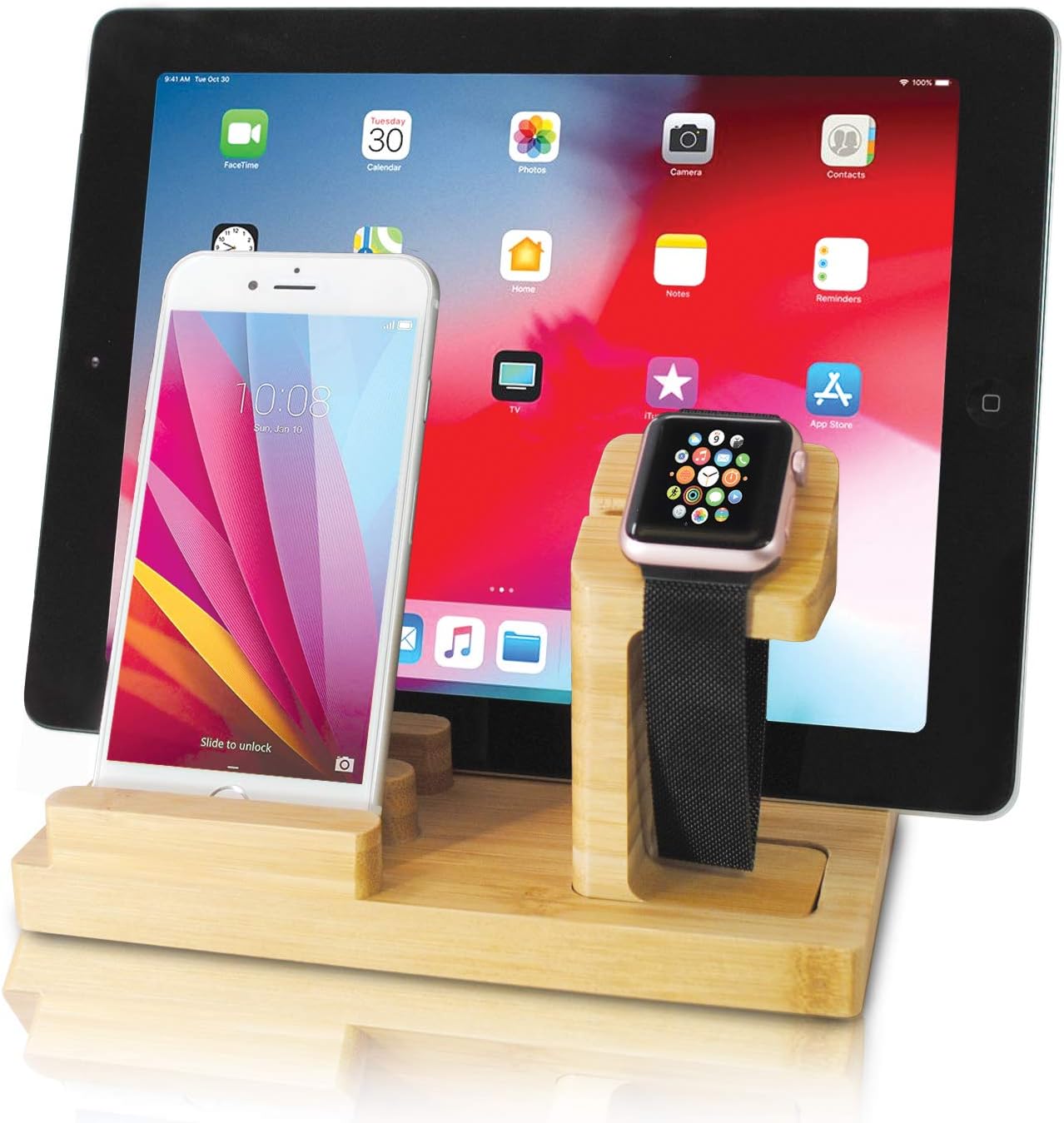 Audiology Bamboo Charging Station Multi Device Charging Station for Phones, Tablets, Watches with Four USB Ports and USB Cable