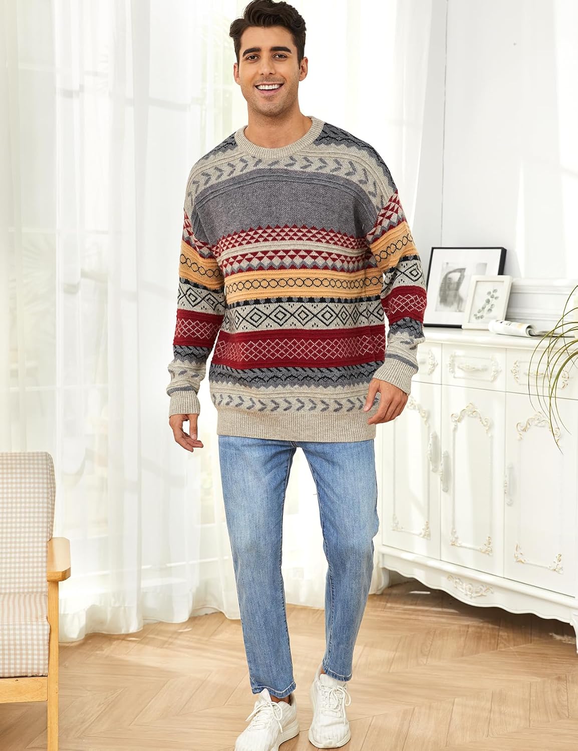 Mens Knit Sweater Grandpa Vintage Knitted Sweaters Oversized Striped Spring Pullover Casual Long Sleeve Pullovers - Image 5