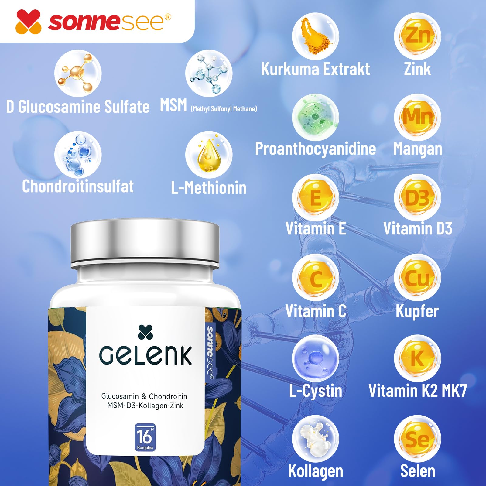 Gelenk-Komplex 16-fach – mit Glucosamin, Chondroitin, MSM, Kollagen, L-Methionin, Vitamin D3 & K2, Zink und Kurkuma – für eine normale Kollagenbildung – Sonnesee