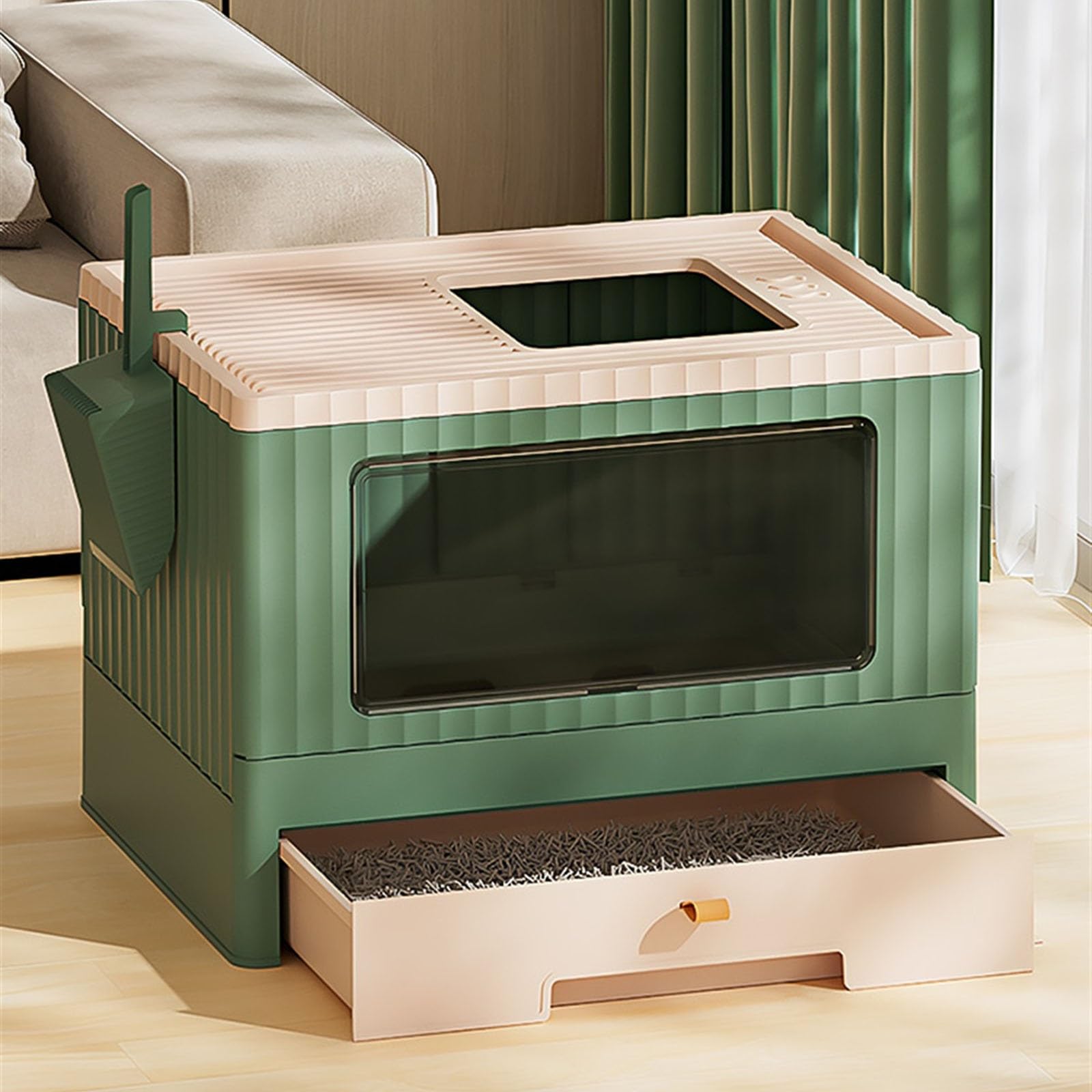 Bac à litière pliable pour chats et chiens uniquement avec couvercle, entrée par le haut, pot fermé avec pelle, non collant, facile à nettoyer, utilisation en intérieur (vert)