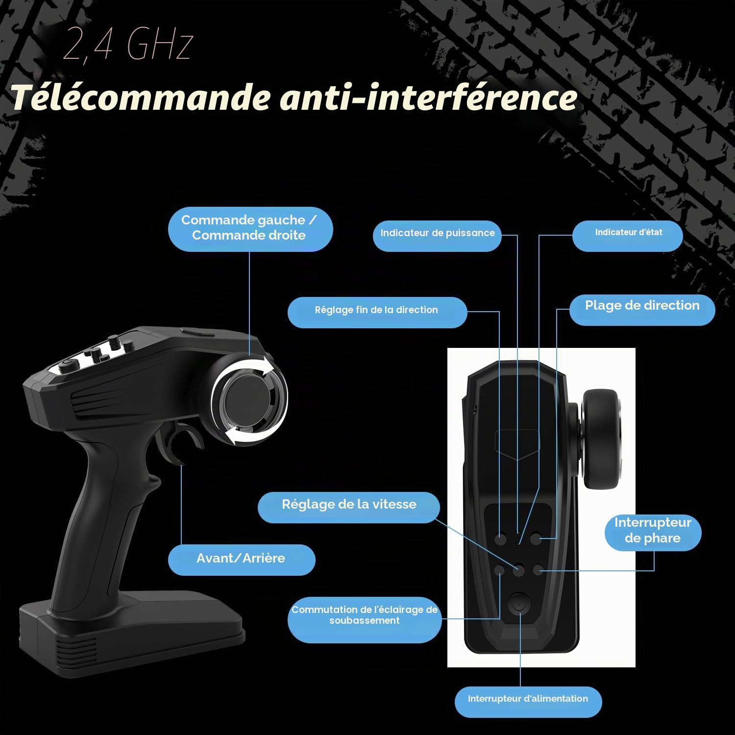 Voiture télécommandée 1/14 RC avec 7 lumières de couleur, 40 km/h, camion monstertruck Rc Truck, 2,4 GHz RC avec deux piles, 4WD étanche RTR tout terrain, poussette RC pour enfants et adultes