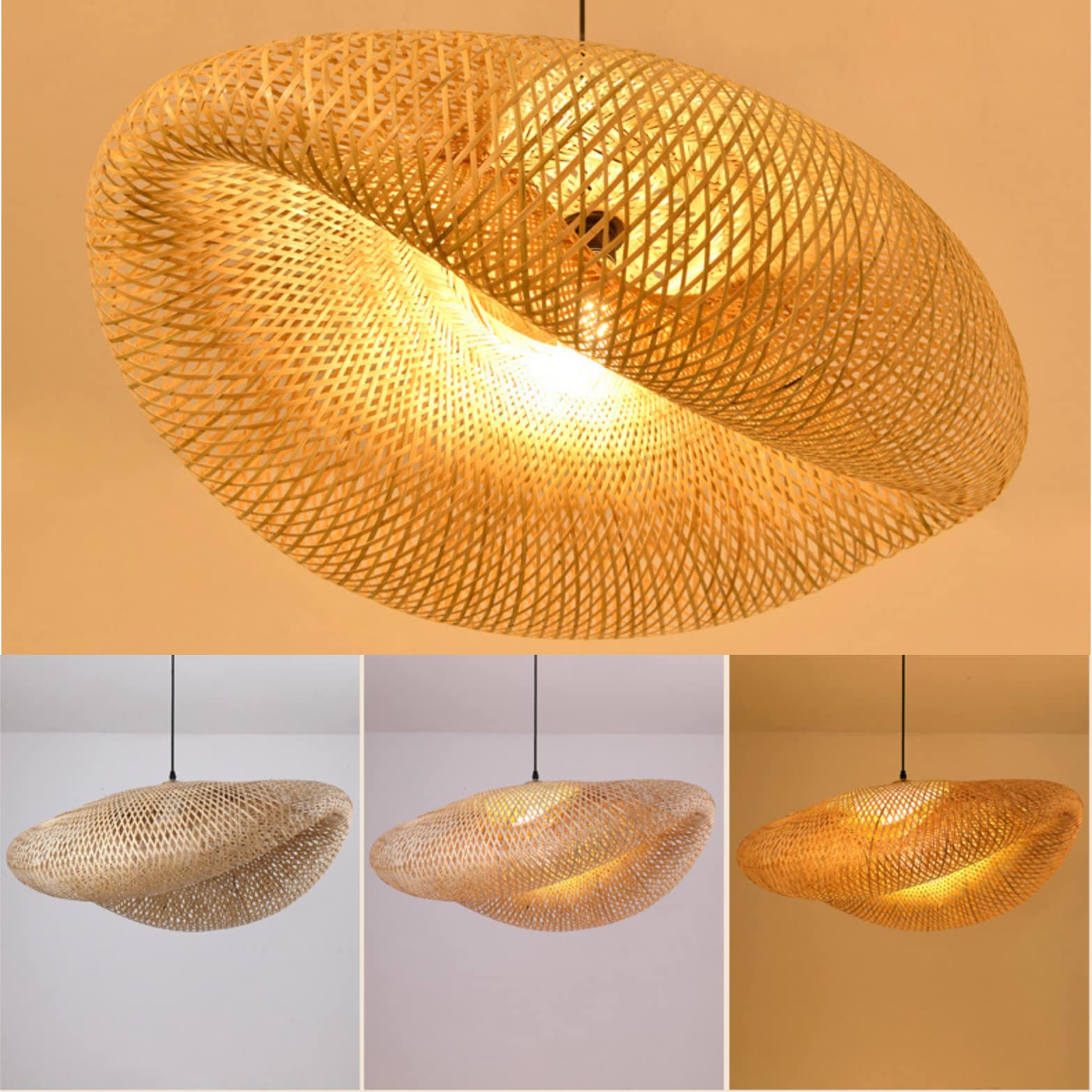 Lampadario a sospensione in bambù intrecciato a mano creativo Cappello di paglia Lampadario in bambù naturale Lampada da soffitto a soffitto, Lampadario in stile rurale per sala da pranzo, soggiorno