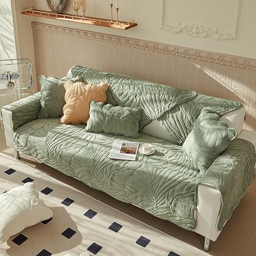 Miniatura 3 de vctops Funda de sofá de felpa de terciopelo con diseño de hojas de palma, funda suave y mullida antideslizante para sofá, para perros, gatos, niños
