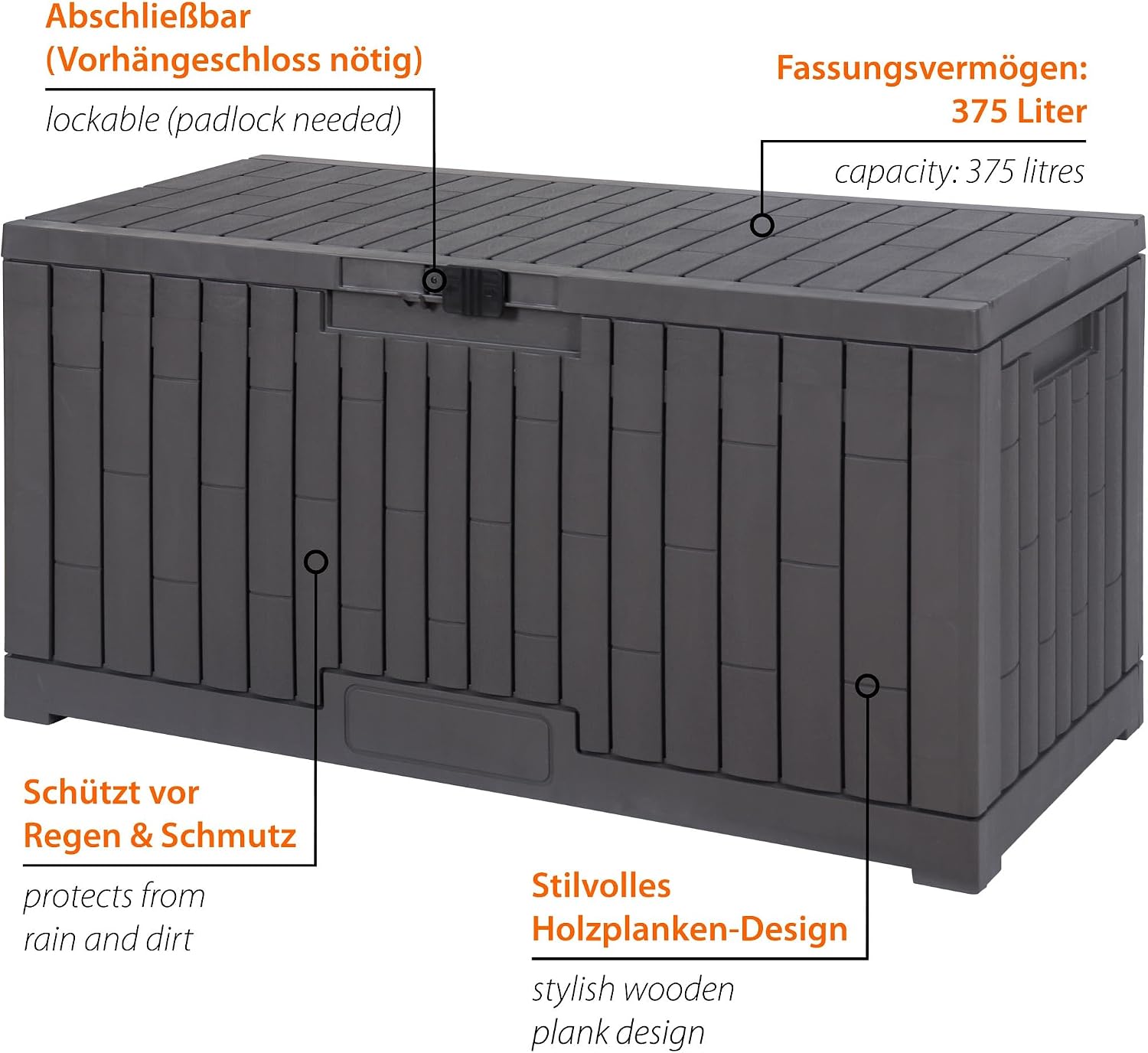 dobar® Storage Box 375 L Made of Plastic - Garden Chest Weatherproof in Wood Look - Lockable Garden Box for Seat Cushions, Cushions & Garden Accessories - 123 x 58.5 x 62 cm - Anthracite