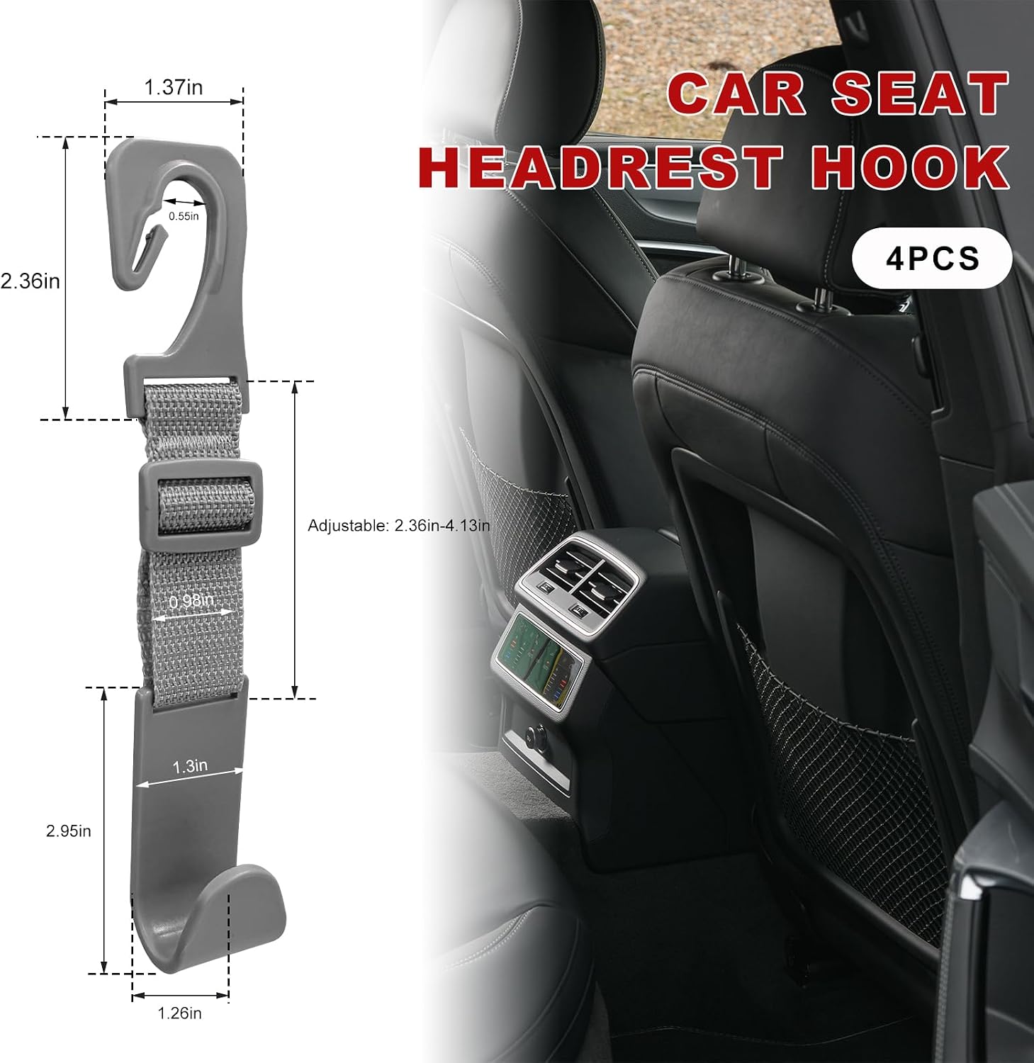 4PCS Car Seat Headrest Hook, Adjustable Vehicle Backseat Hanger Storage Organizer, Universal Seat Back Holder Hooks for Purse Coat Grocery Bag, Car Accessories (Gray) thumbnail