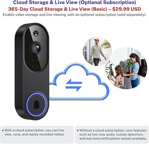 Vista 6 de Cámara de timbre de video inteligente de 1080p con detección de movimiento AI, visión nocturna, almacenamiento en la nube, audio de 2 vías, funciona