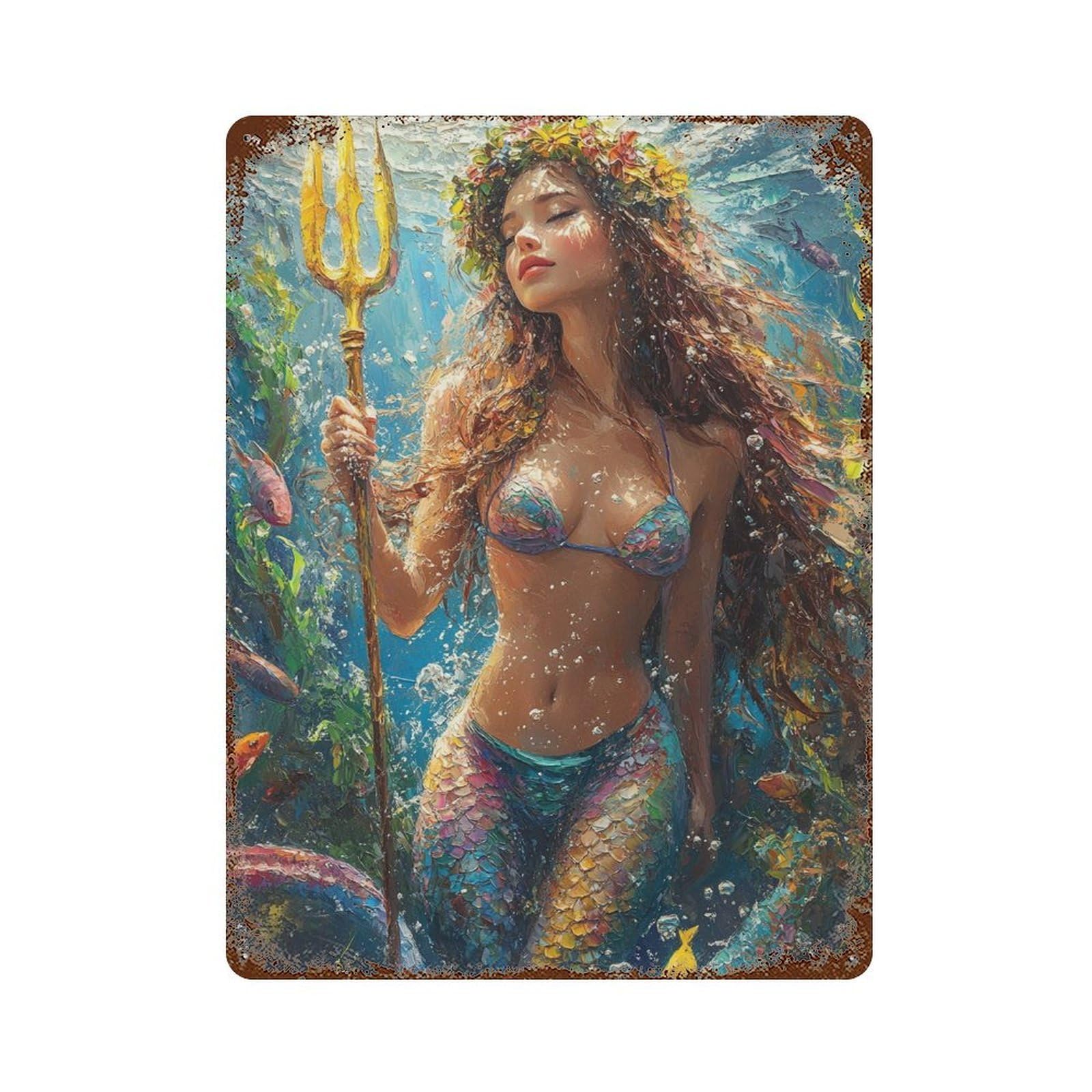 Garage Style Mermaid with Trident Underwater Vintage Rust Metal Sign 15.7"x11.8", Vintage Wall Decor for Bar And Workshop